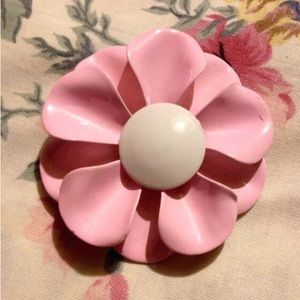 293 
Jewelry brooch pink and white floral metal painted pin. 2" across